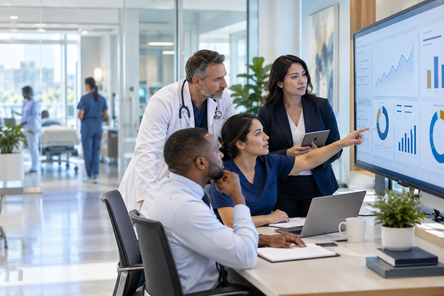 Healthcare and revenue cycle professionals reviewing practice performance analytics together